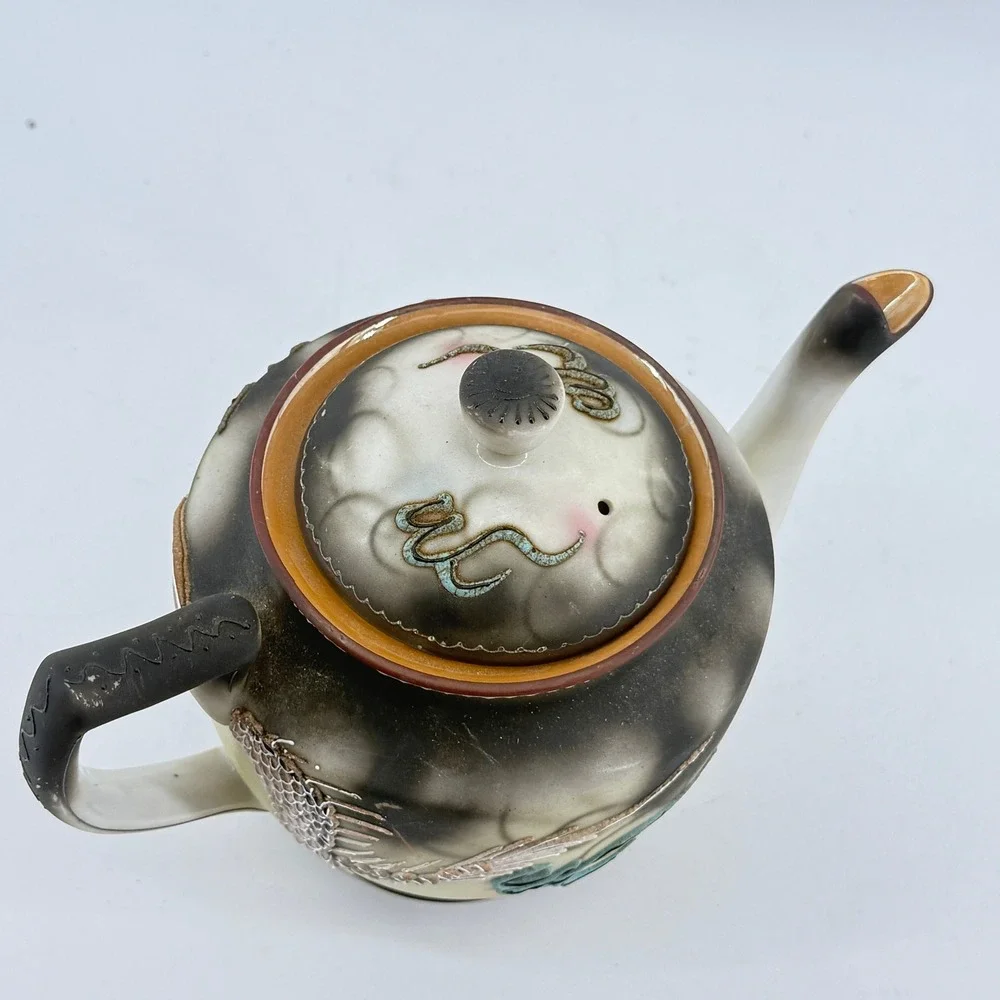 Moriage Dragon Teapot Raised Texture Decor Japan VTG Porcelain Large Black Cream